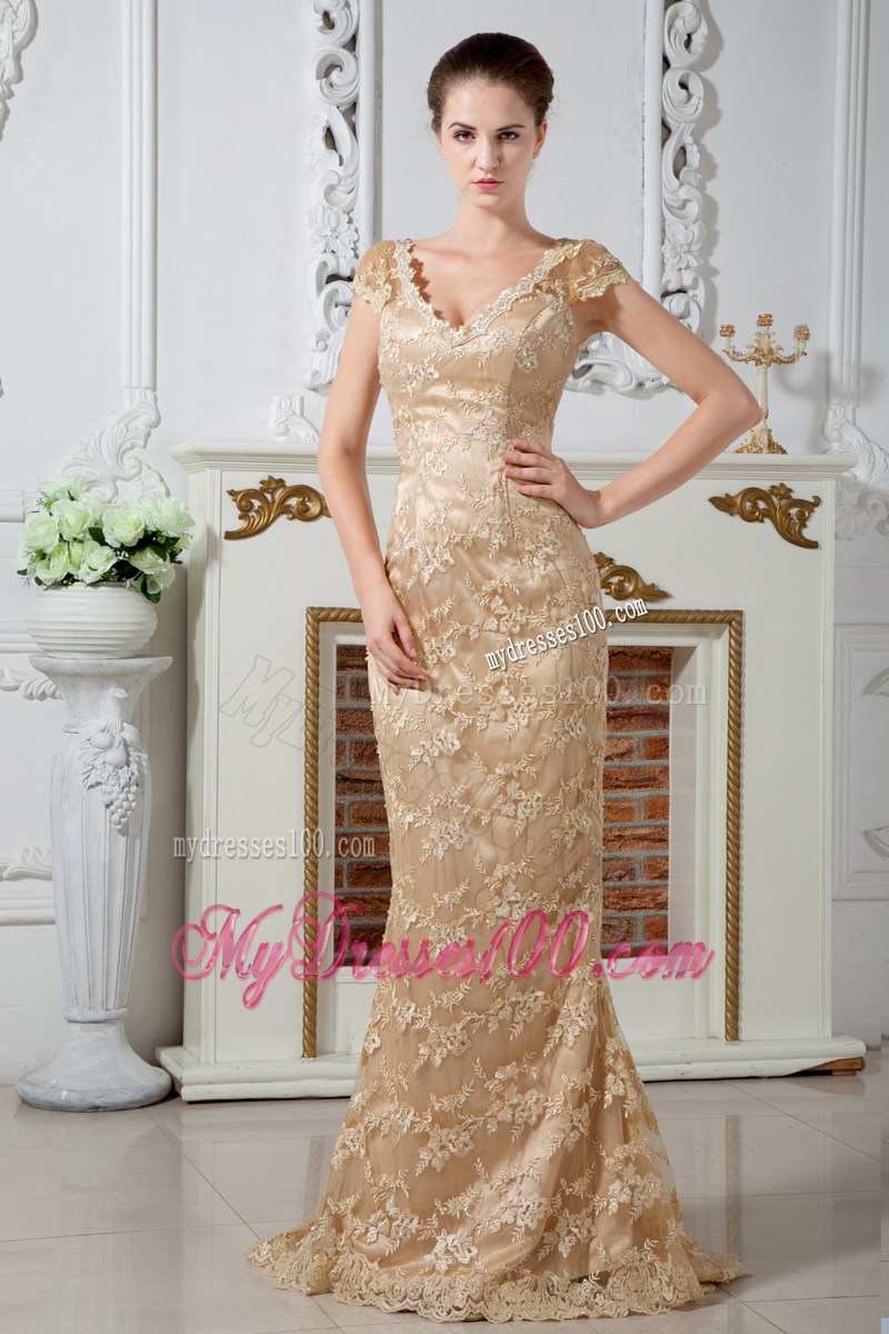 V-neck Champagne Lace and Satin Prom Gown with Brush Train and Short Sleeves