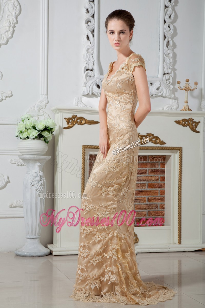 V-neck Champagne Lace and Satin Prom Gown with Brush Train and Short Sleeves