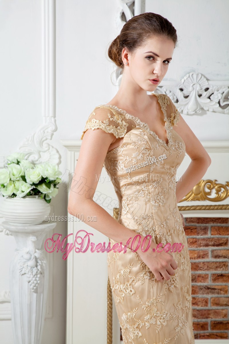 V-neck Champagne Lace and Satin Prom Gown with Brush Train and Short Sleeves