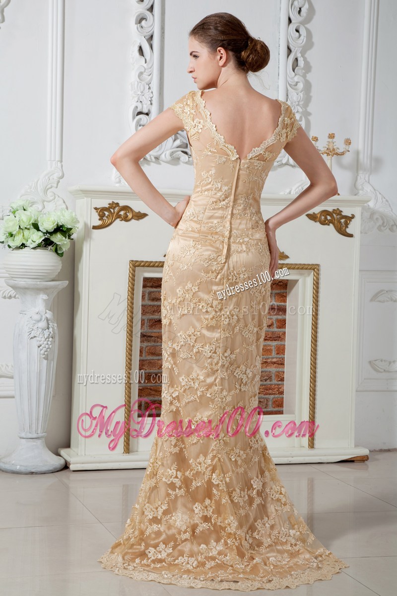 V-neck Champagne Lace and Satin Prom Gown with Brush Train and Short Sleeves