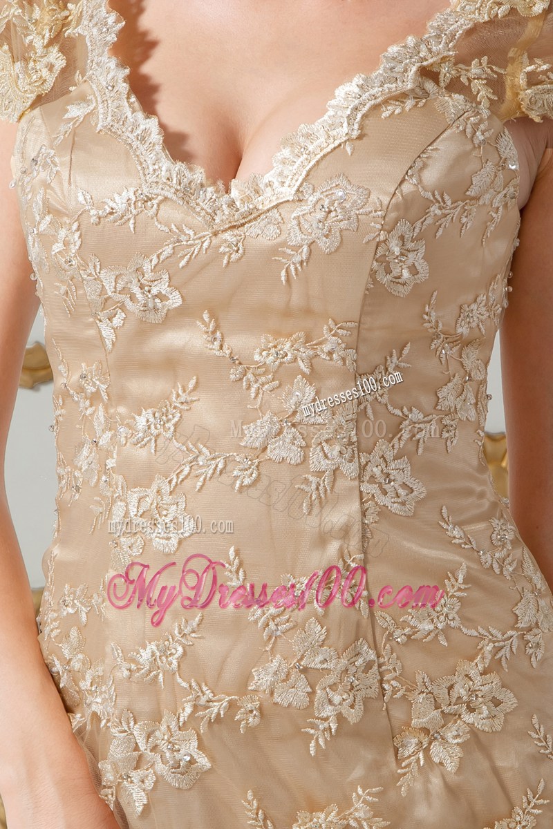 V-neck Champagne Lace and Satin Prom Gown with Brush Train and Short Sleeves