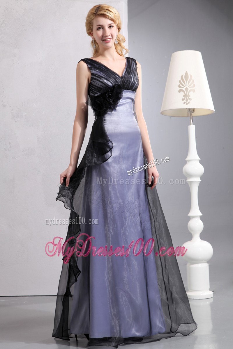 Flowers and Ruches Accent Floor-length Prom Gown of V-neck and V-back