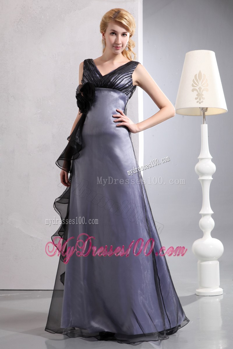 Flowers and Ruches Accent Floor-length Prom Gown of V-neck and V-back
