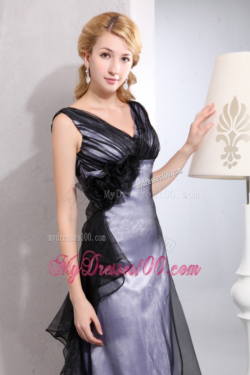 Flowers and Ruches Accent Floor-length Prom Gown of V-neck and V-back