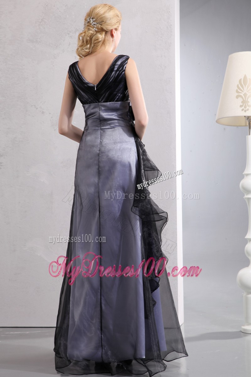Flowers and Ruches Accent Floor-length Prom Gown of V-neck and V-back