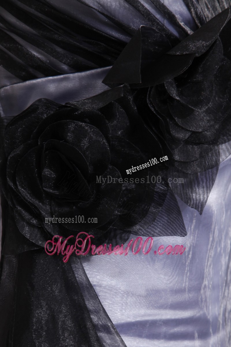 Flowers and Ruches Accent Floor-length Prom Gown of V-neck and V-back