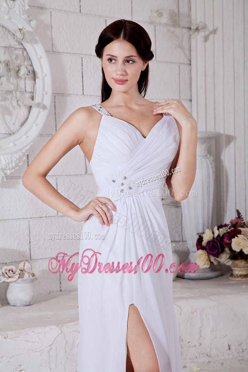Straps and High Slit Floor-length Prom Dress in White Chiffon with Beading
