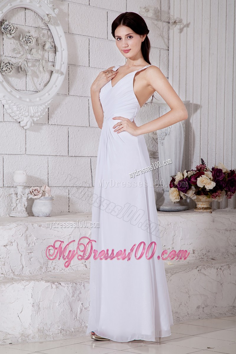 Straps and High Slit Floor-length Prom Dress in White Chiffon with Beading