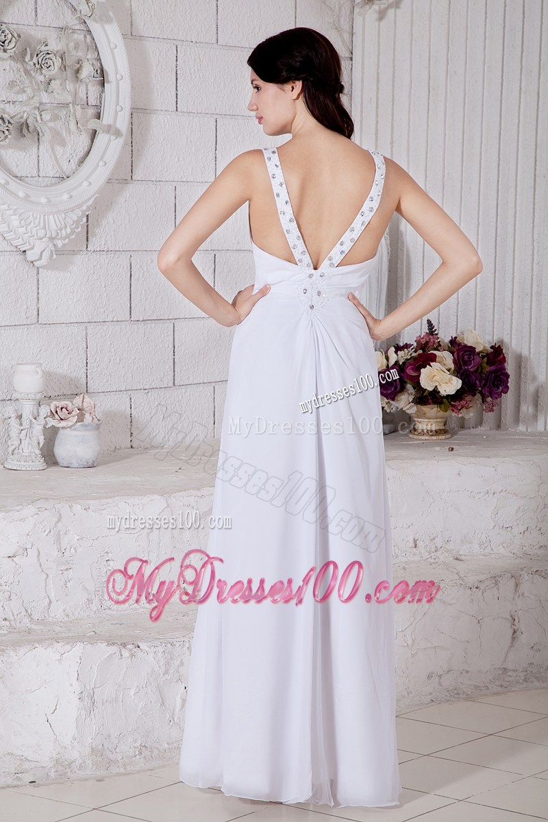 Straps and High Slit Floor-length Prom Dress in White Chiffon with Beading