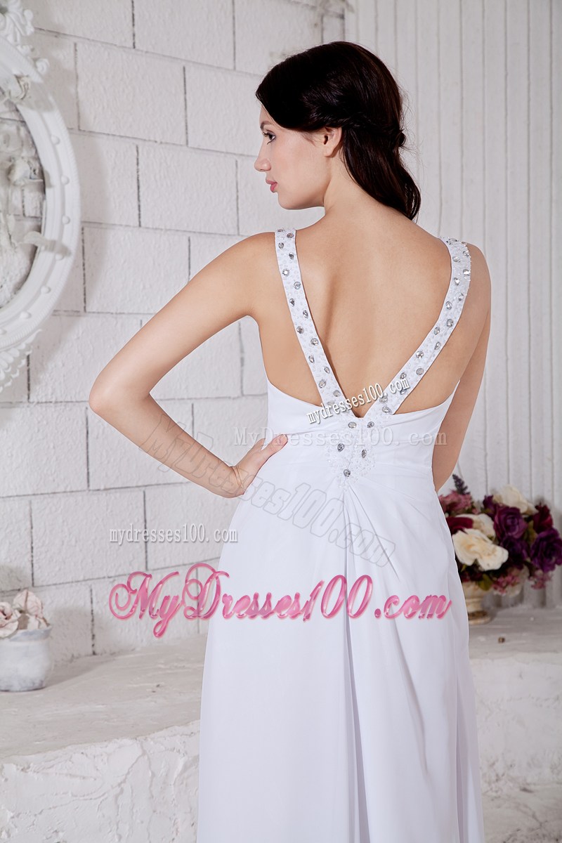 Straps and High Slit Floor-length Prom Dress in White Chiffon with Beading