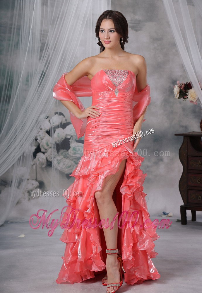 Watermelon Red High-low Organza Prom Dress with Beading and Ruffles