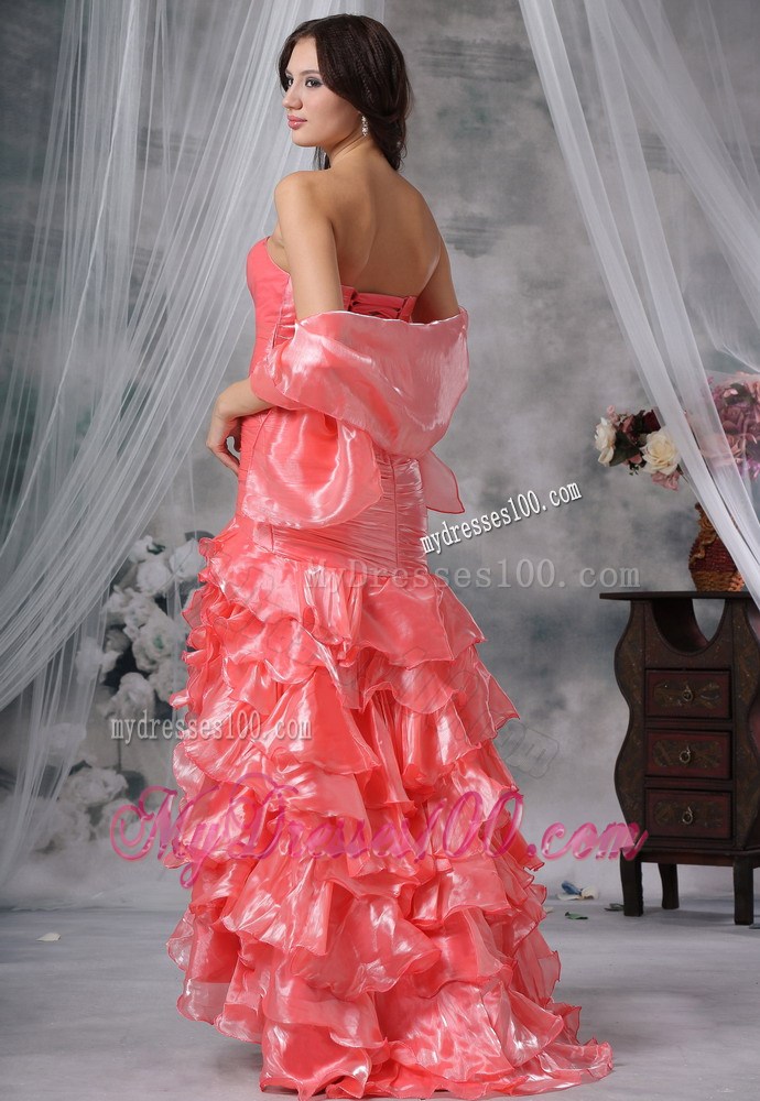 Watermelon Red High-low Organza Prom Dress with Beading and Ruffles