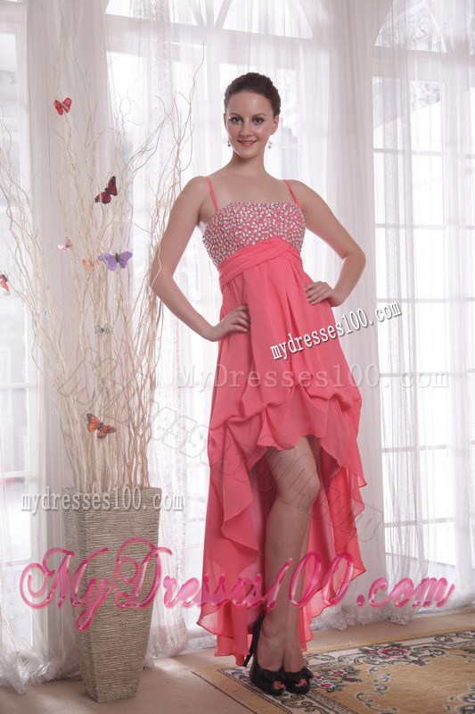 High-low and Spaghetti Straps Accent Beaded Chiffon Prom Gown in Watermelon