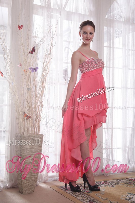 High-low and Spaghetti Straps Accent Beaded Chiffon Prom Gown in Watermelon