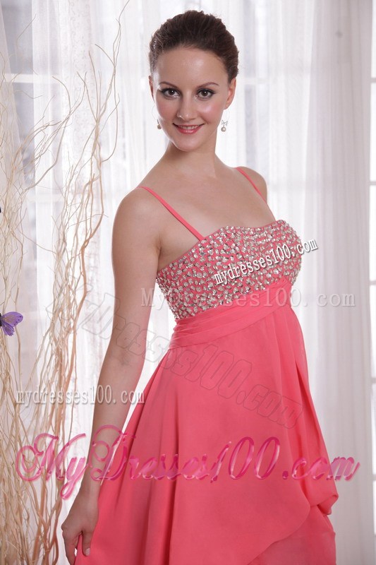 High-low and Spaghetti Straps Accent Beaded Chiffon Prom Gown in Watermelon