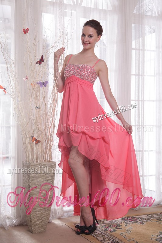 High-low and Spaghetti Straps Accent Beaded Chiffon Prom Gown in Watermelon