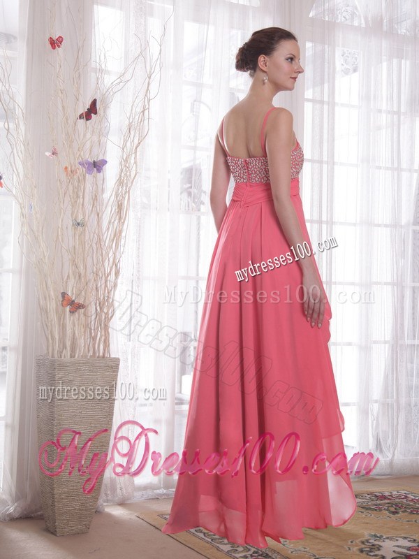 High-low and Spaghetti Straps Accent Beaded Chiffon Prom Gown in Watermelon
