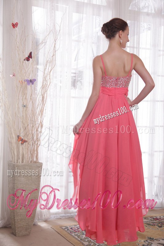 High-low and Spaghetti Straps Accent Beaded Chiffon Prom Gown in Watermelon