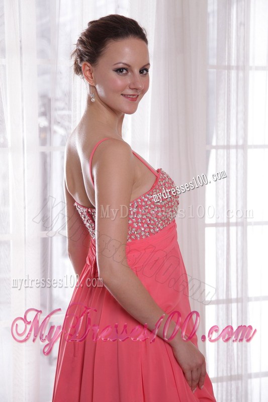 High-low and Spaghetti Straps Accent Beaded Chiffon Prom Gown in Watermelon