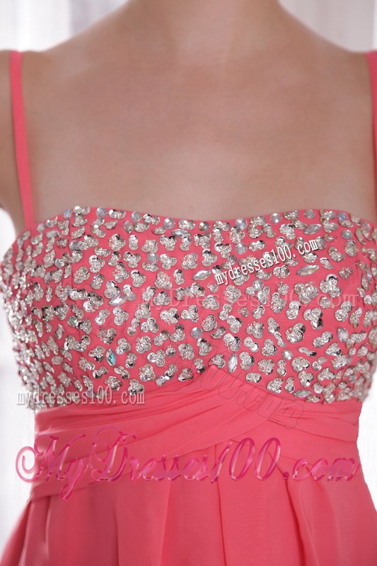 High-low and Spaghetti Straps Accent Beaded Chiffon Prom Gown in Watermelon