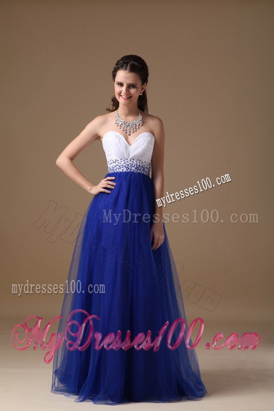 Princess Floor-length Tulle Prom Dresses in White and Royal Blue