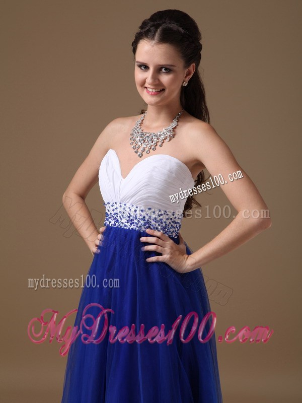 Princess Floor-length Tulle Prom Dresses in White and Royal Blue