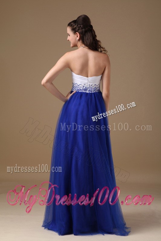 Princess Floor-length Tulle Prom Dresses in White and Royal Blue