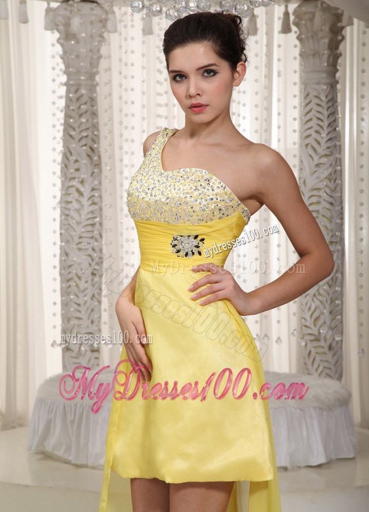 Yellow A-line One Shoulder High-low Taffeta and Chiffon Beading Prom Dress