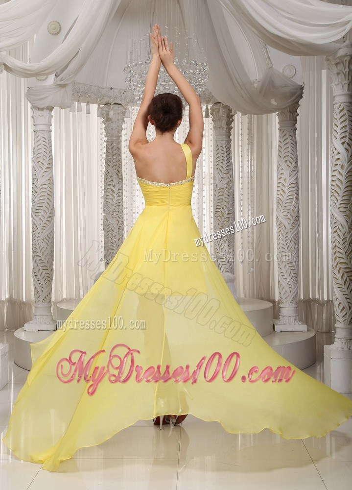 Yellow A-line One Shoulder High-low Taffeta and Chiffon Beading Prom Dress
