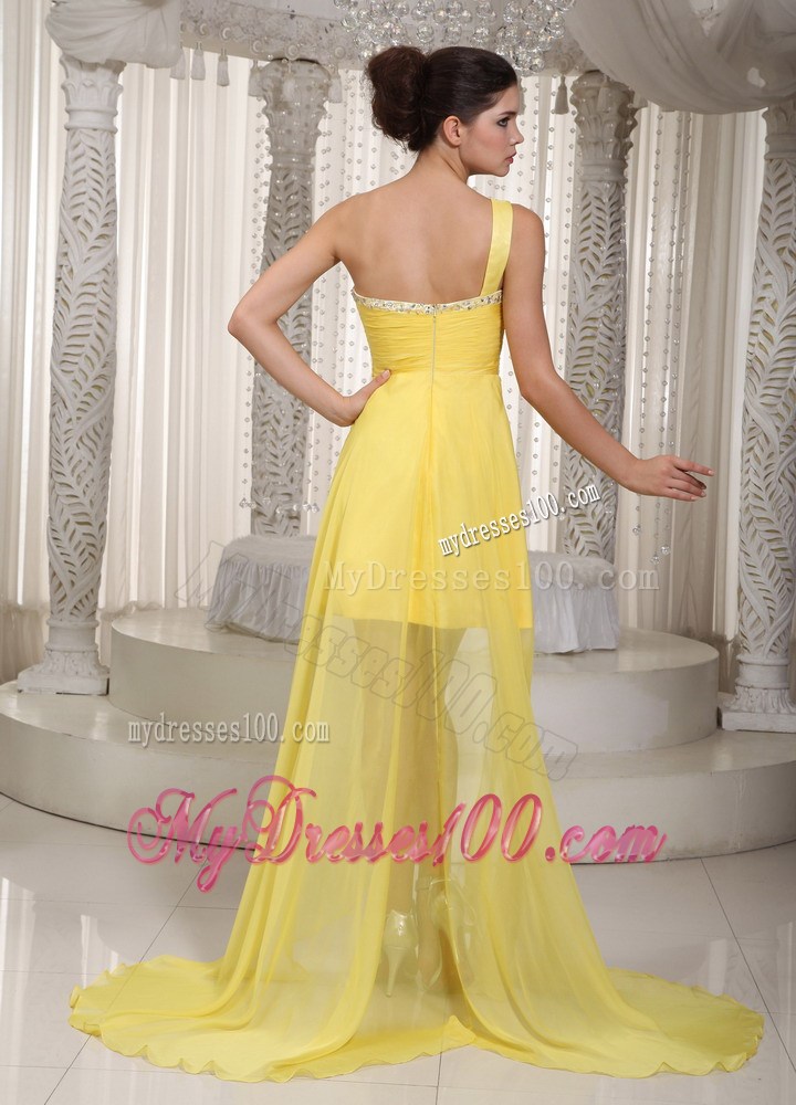 Yellow A-line One Shoulder High-low Taffeta and Chiffon Beading Prom Dress