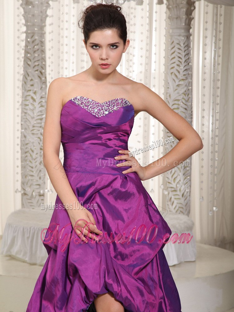 Pick-ups and Beading Accent High-low Zebra Print Prom Gown in Eggplant Purple