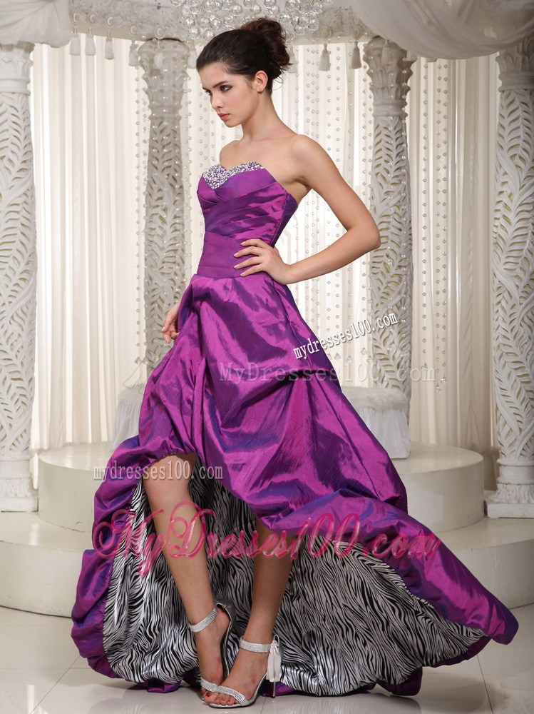 Pick-ups and Beading Accent High-low Zebra Print Prom Gown in Eggplant Purple