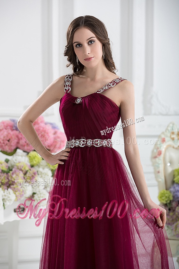 Wine Red Straps Empire Ruching and Beading Evening Dress with Belt