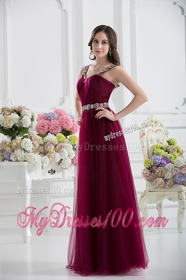 Wine Red Straps Empire Ruching and Beading Evening Dress with Belt