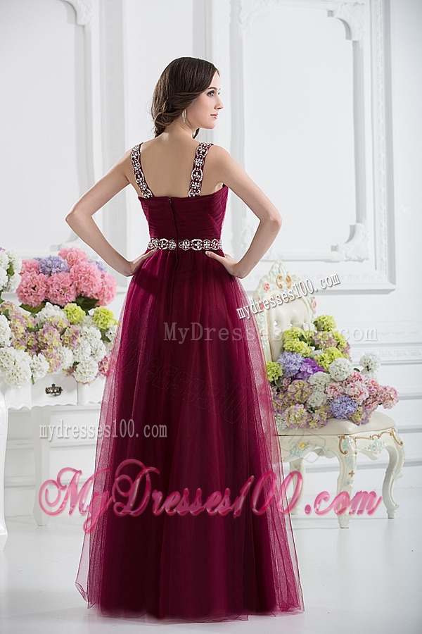 Wine Red Straps Empire Ruching and Beading Evening Dress with Belt