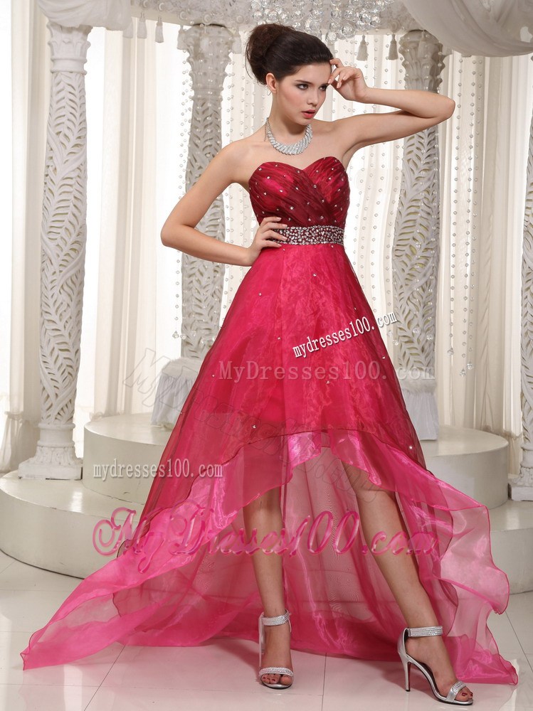 High-low Beaded and Ruched Organza Dresses for Prom in Hot Pink and Wine Red