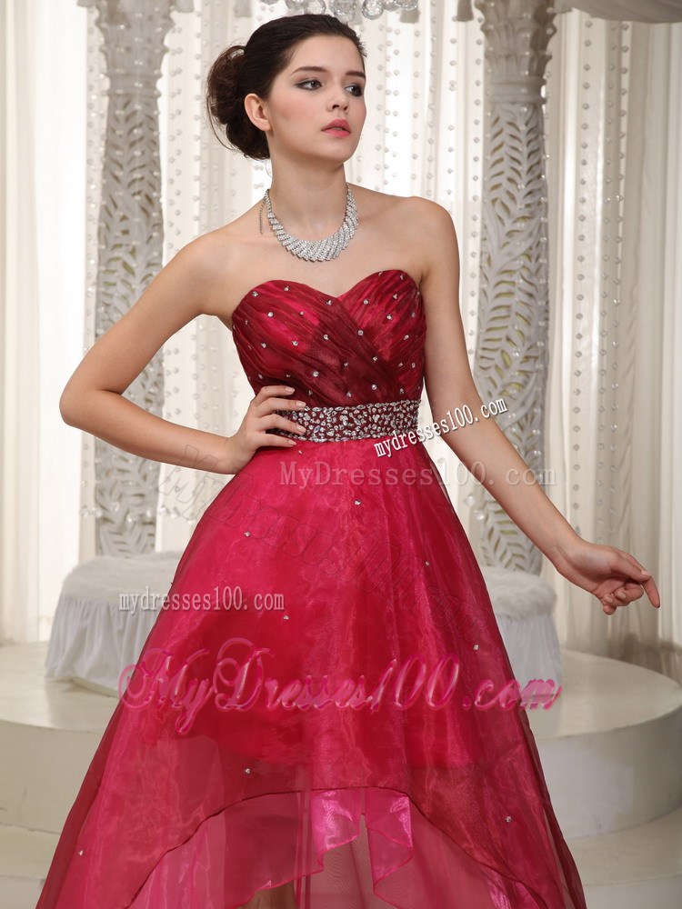 High-low Beaded and Ruched Organza Dresses for Prom in Hot Pink and Wine Red