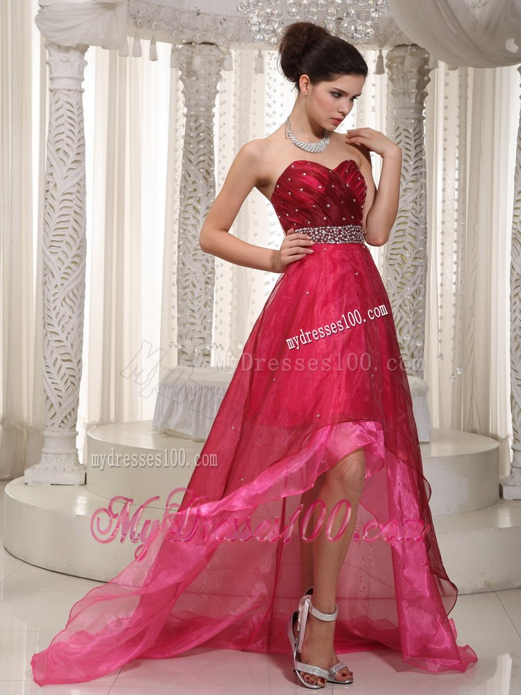High-low Beaded and Ruched Organza Dresses for Prom in Hot Pink and Wine Red