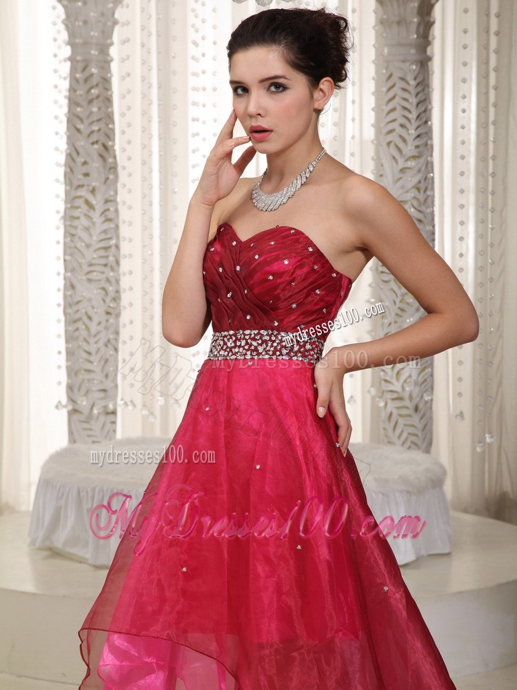 High-low Beaded and Ruched Organza Dresses for Prom in Hot Pink and Wine Red