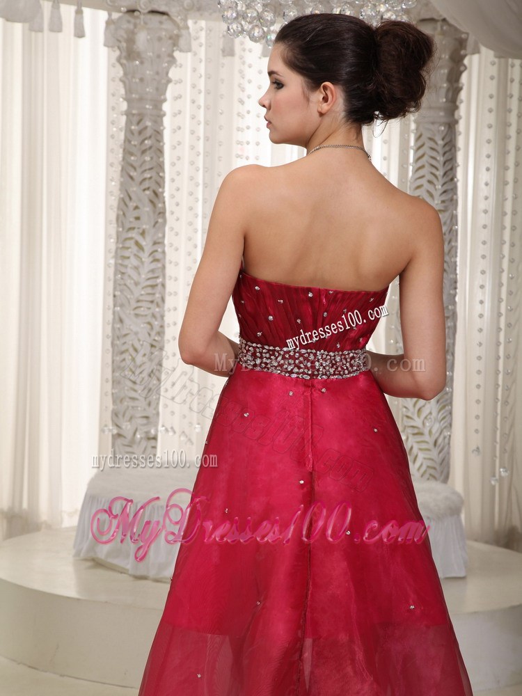 High-low Beaded and Ruched Organza Dresses for Prom in Hot Pink and Wine Red
