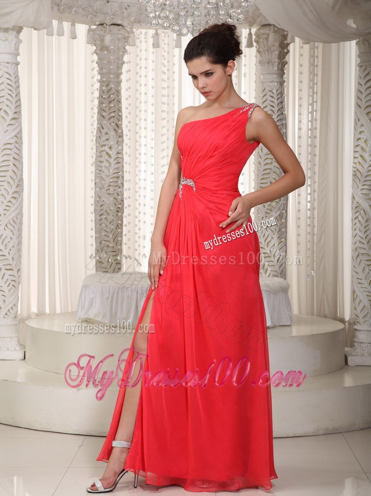 Beading and Ruches Accent Coral Red Prom Dresses of one Shoulder and High-low