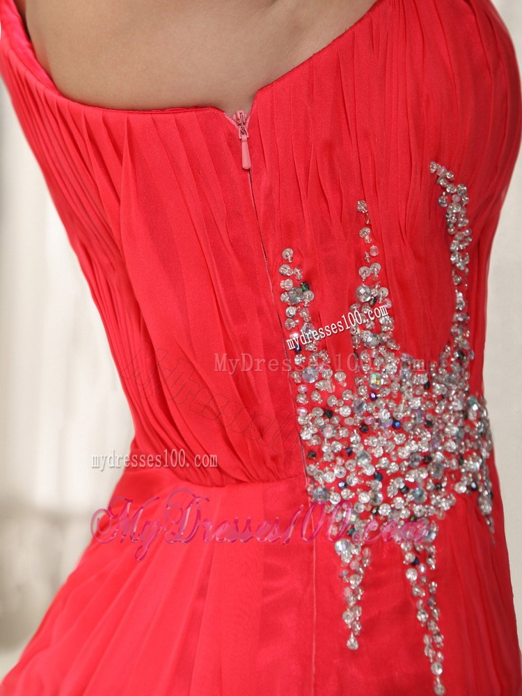 Beading and Ruches Accent Coral Red Prom Dresses of one Shoulder and High-low