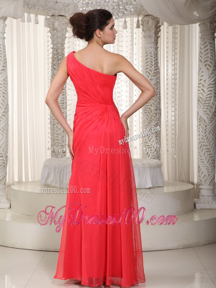 Beading and Ruches Accent Coral Red Prom Dresses of one Shoulder and High-low