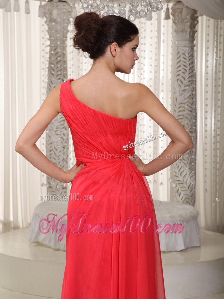 Beading and Ruches Accent Coral Red Prom Dresses of one Shoulder and High-low
