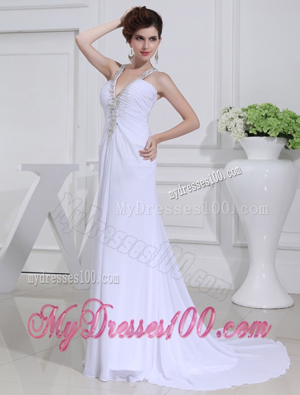 2016 Column V-neck Chiffon Beading Wedding Dress with Sweep Train