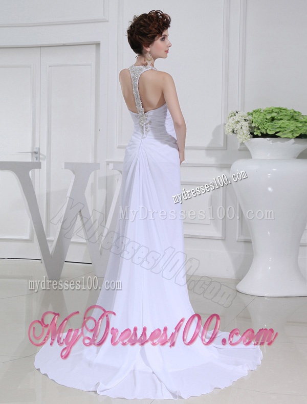 2016 Column V-neck Chiffon Beading Wedding Dress with Sweep Train