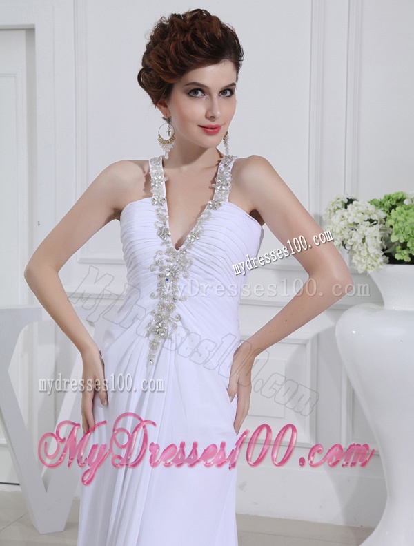 2016 Column V-neck Chiffon Beading Wedding Dress with Sweep Train