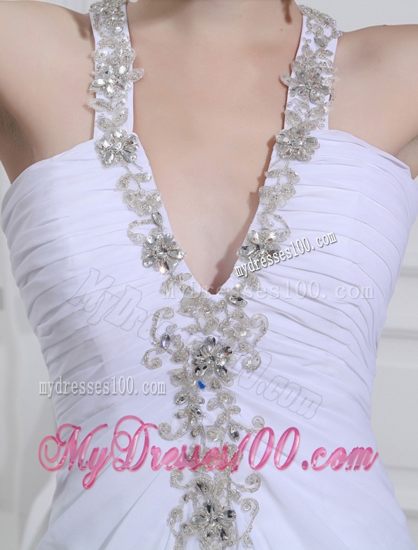 2016 Column V-neck Chiffon Beading Wedding Dress with Sweep Train