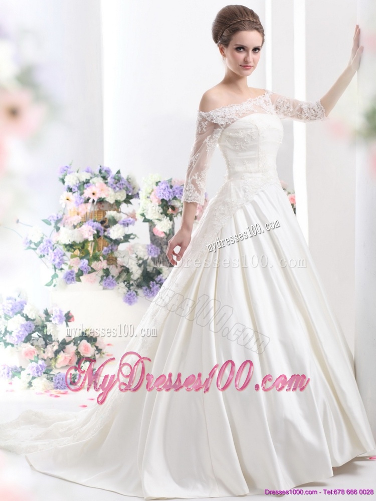 2016 Elegant Off the Shoulder Wedding Dress with 3/4 Length Sleeve