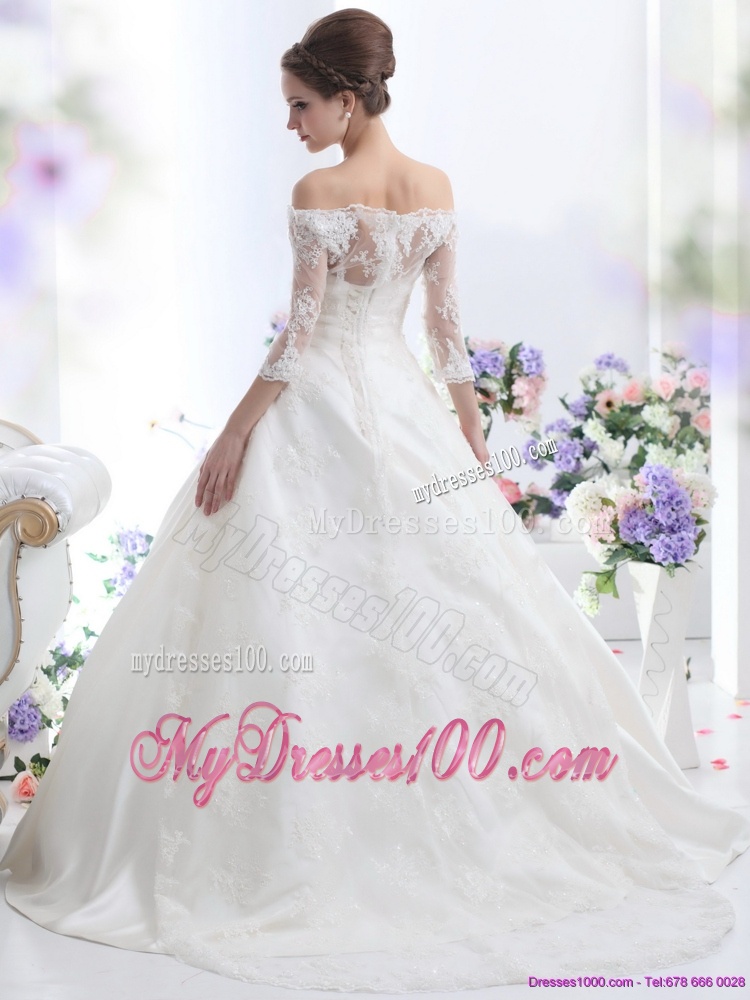 2016 Elegant Off the Shoulder Wedding Dress with 3/4 Length Sleeve